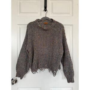 POL Distressed Confetti Knit Sweater Grey Rainbow Sprinkles Boho Oversized